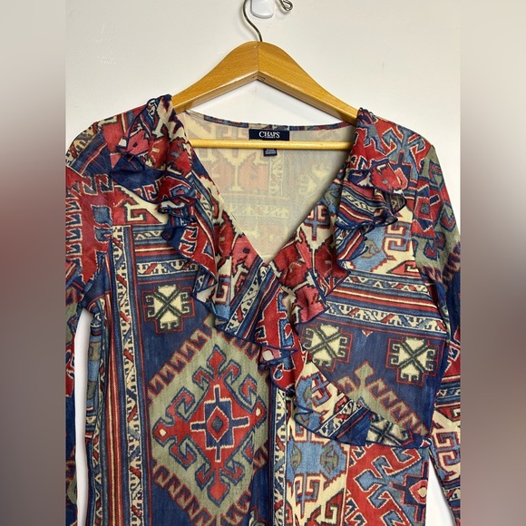 Vintage y2K Chaps Top Blouse XL Stretch Artsy Long Sleeve Carpenter bee fabric - Picture 4 of 12